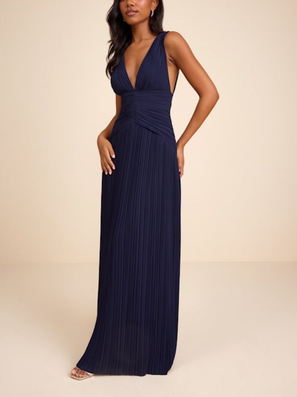 Lulus Kelina Navy Blue Pleated Drop Waist Maxi Dress - Size M